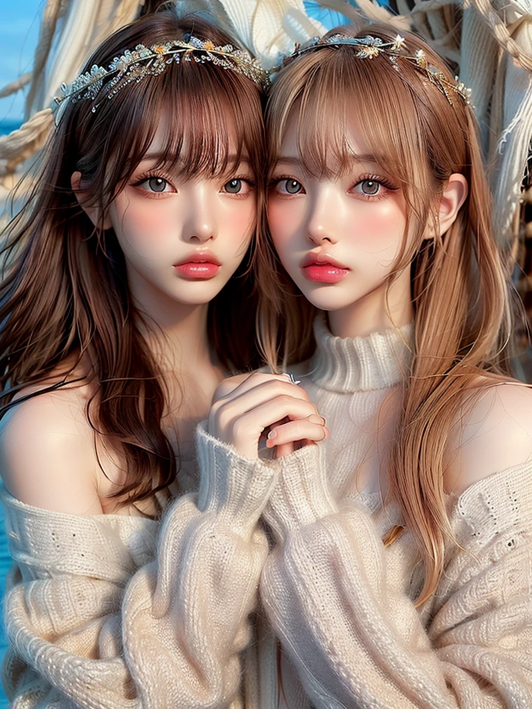 ( high quality , Very detailed, look at your hands )Zodiac sign - Gemini Goddess , Similar to the goodness of Latin , Twin Goddesses , Curious, Skillful, Humorous, Charm, Imaginative faces , Sometimes unrealistic, Restless, Nervous, Careless style , Light brown eyes , Light blonde hair , , (((in the windy sea ))), whole body , Sexy Makeup ,