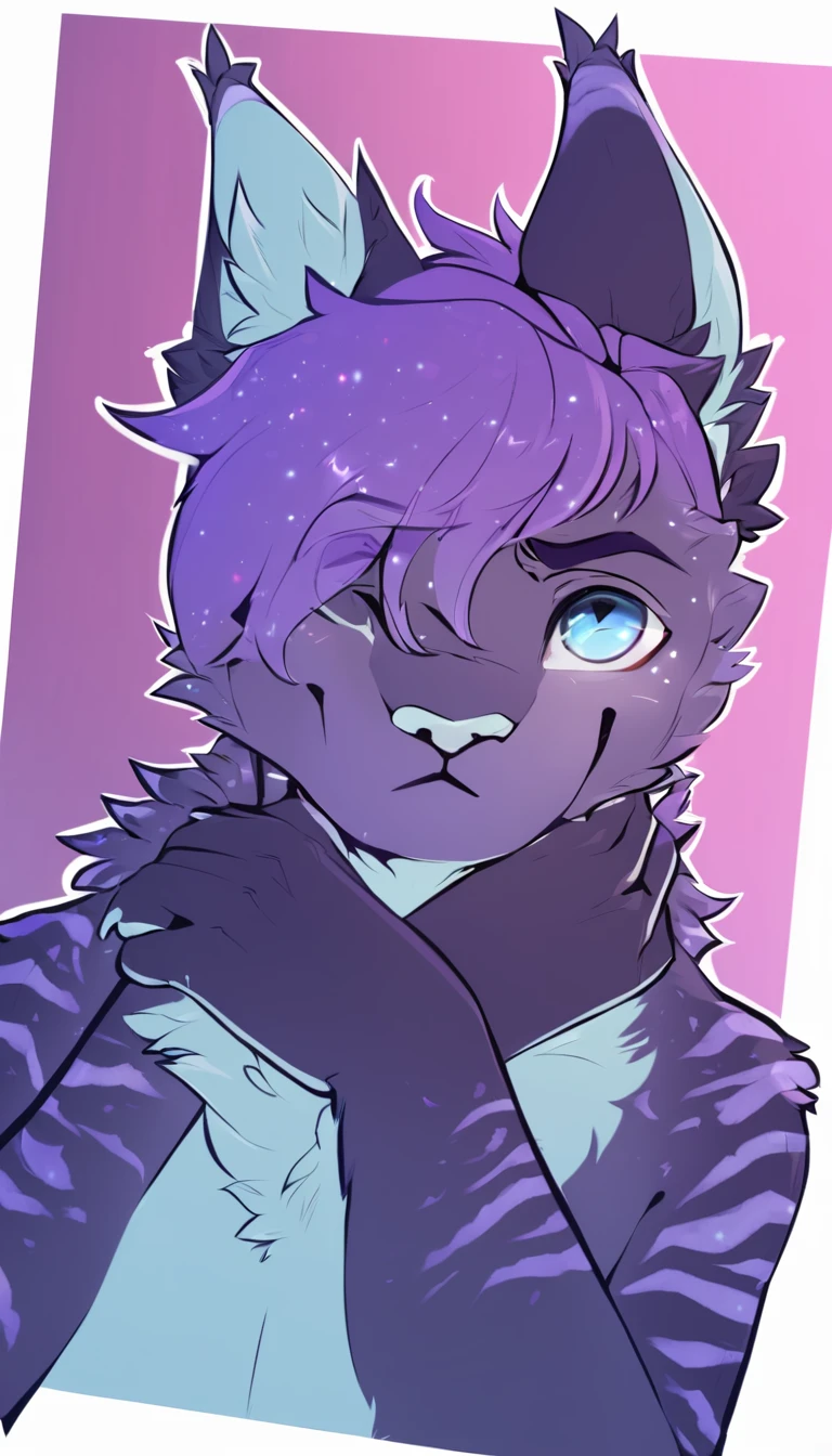 adult, feline, mammal, anthro, anthromorphic, cat, striped, fur, furred_anthro, femboy, male, dark_blue, ear_tufts, paws, hair_tuft, hair_between_eyes, long_tail, fluffy, expressive_eyes, purple_hair, light, galaxy_fur, looking_at_viewer, light_blue_chest, shy, small_pupils, spotted_pattern, stripes, digital_art, high_resolution, high_res, background shy, head_visible, neck_visible, profile_picture, seductive_face, white_outline, angry_expression