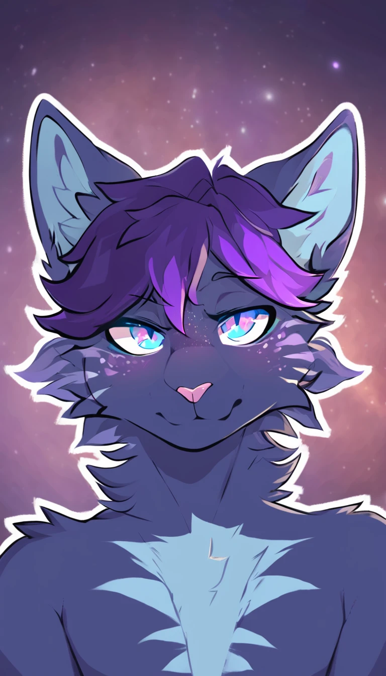 adult, feline, mammal, anthro, anthromorphic, cat, striped, fur, furred_anthro, femboy, male, dark_blue, ear_tufts, paws, hair_tuft, hair_between_eyes, long_tail, fluffy, expressive_eyes, purple_hair, light, galaxy_fur, looking_at_viewer, light_blue_chest, shy, small_pupils, spotted_pattern, stripes, digital_art, high_resolution, high_res, background shy, head_visible, neck_visible, profile_picture, seductive_face, white_outline, angry_expression