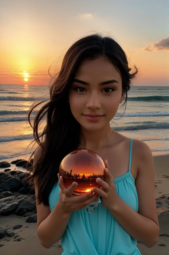 General Prompt for a Sunset and Crystal Ball:**
- "A hand holding a crystal ball with a beautiful sunset in the background, warm and serene colors."