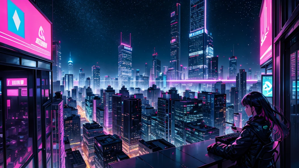 Create a detailed illustration of a vast urban landscape with numerous buildings set in a cyberpunk and retrowave theme, focusing on a nighttime city. In the distance, on the rooftop of one of the buildings, there should be a girl playing the piano. The cityscape features a mix of futuristic and retro-futuristic architectural styles, with tall skyscrapers and smaller buildings creating a dynamic skyline. Neon lights, holographic advertisements, and vibrant colors dominate the scene, casting a vivid glow over the city. The girl on a rooftop in the distance should be clearly visible, playing a grand piano under the glow of neon lights. The atmosphere is serene and slightly melancholic, with soft lighting emanating from the buildings' windows and ambient city lights flickering on. A few birds can be seen flying in the sky. There are small parks and green spaces interspersed among the buildings, providing a touch of nature within the urban environment. The sky is filled with stars, adding to the tranquil yet vibrant atmosphere of the scene.