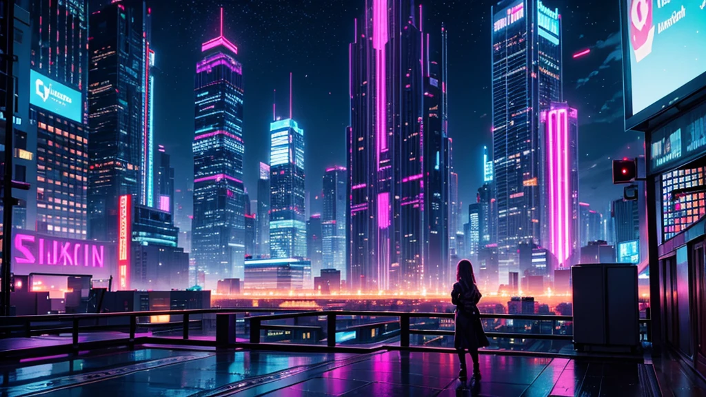 Create a detailed illustration of a vast urban landscape with numerous buildings set in a cyberpunk and retrowave theme, focusing on a nighttime city. In the distance, on the rooftop of one of the buildings, there should be a girl playing the piano. The cityscape features a mix of futuristic and retro-futuristic architectural styles, with tall skyscrapers and smaller buildings creating a dynamic skyline. Neon lights, holographic advertisements, and vibrant colors dominate the scene, casting a vivid glow over the city. The girl on a rooftop in the distance should be clearly visible, playing a grand piano under the glow of neon lights. The atmosphere is serene and slightly melancholic, with soft lighting emanating from the buildings' windows and ambient city lights flickering on. A few birds can be seen flying in the sky. There are small parks and green spaces interspersed among the buildings, providing a touch of nature within the urban environment. The sky is filled with stars, adding to the tranquil yet vibrant atmosphere of the scene.