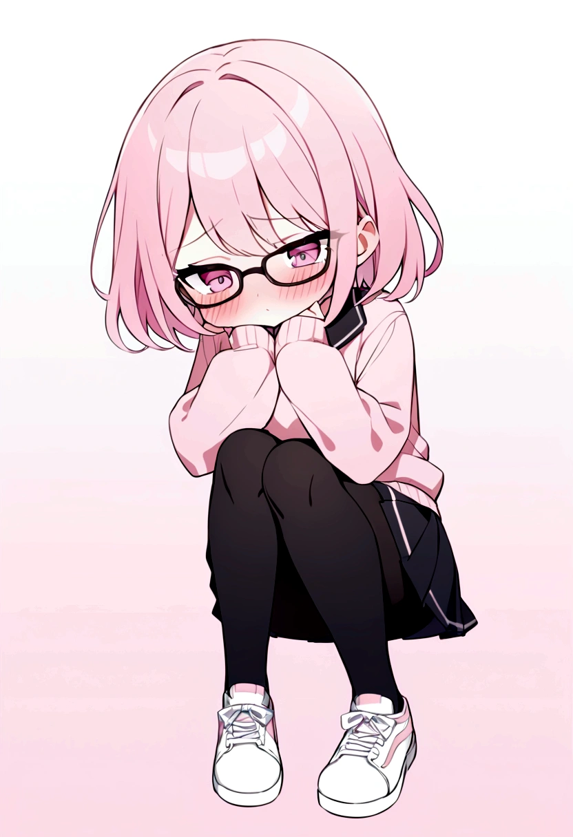 pink hair black glasses pink eyes extremely blushing a big pink sweater short black skirt black stockings white tennis shoes that is a reserved girl that is pouting