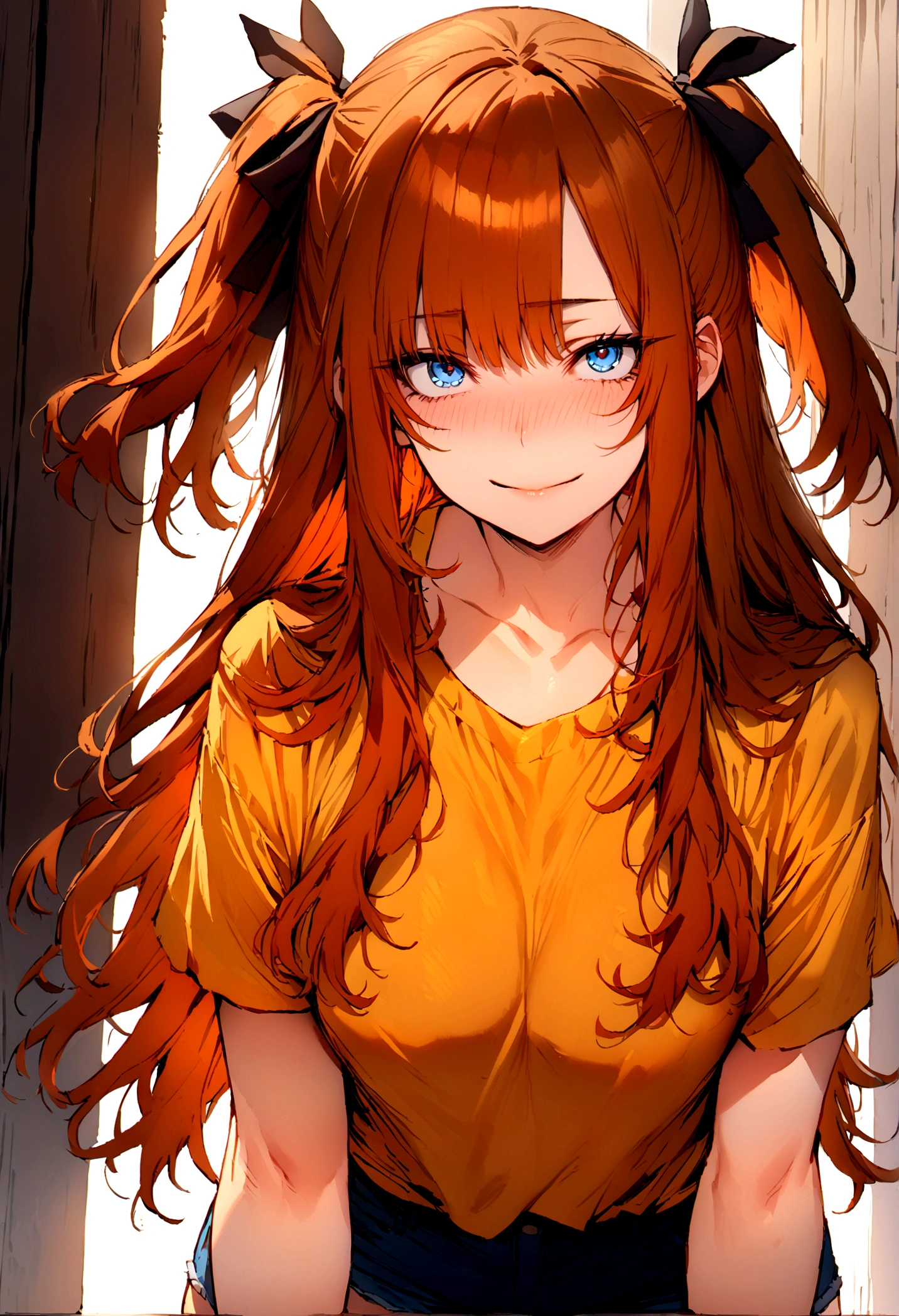 (masterpiece), best quality, expressive eyes, perfect face, 1girl, solo, blue eyes, dark orange Hair, Loose hair, hair ribbon, long hair, black ribbon, sidelocks, bangs two side up, smile, yellow shirt, short sleeves, blue short shorts, looking at viewer,