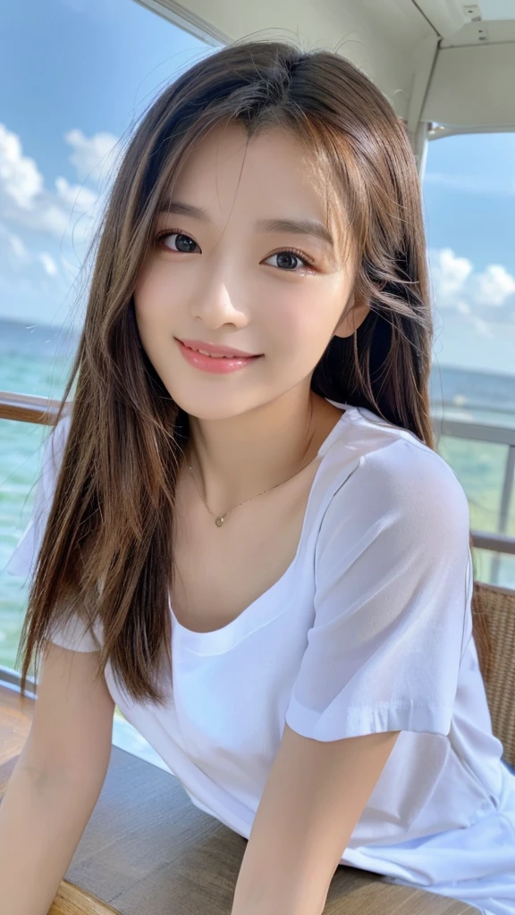 table top、(highest quality、4k、8k、High resolution、master piece: 1.2)、Super detailed、(real、photorealistic、photorealistic: 1.37)、full body shot、whiteＴshirt、Complex and beautiful eyes、woman、long hair、natural color lip、bold and sexy pose、smile、Ocean、20 year old girl、Cute and sexy shot looking at the camera。