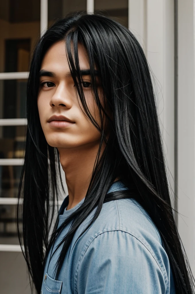 A boy with long black hair