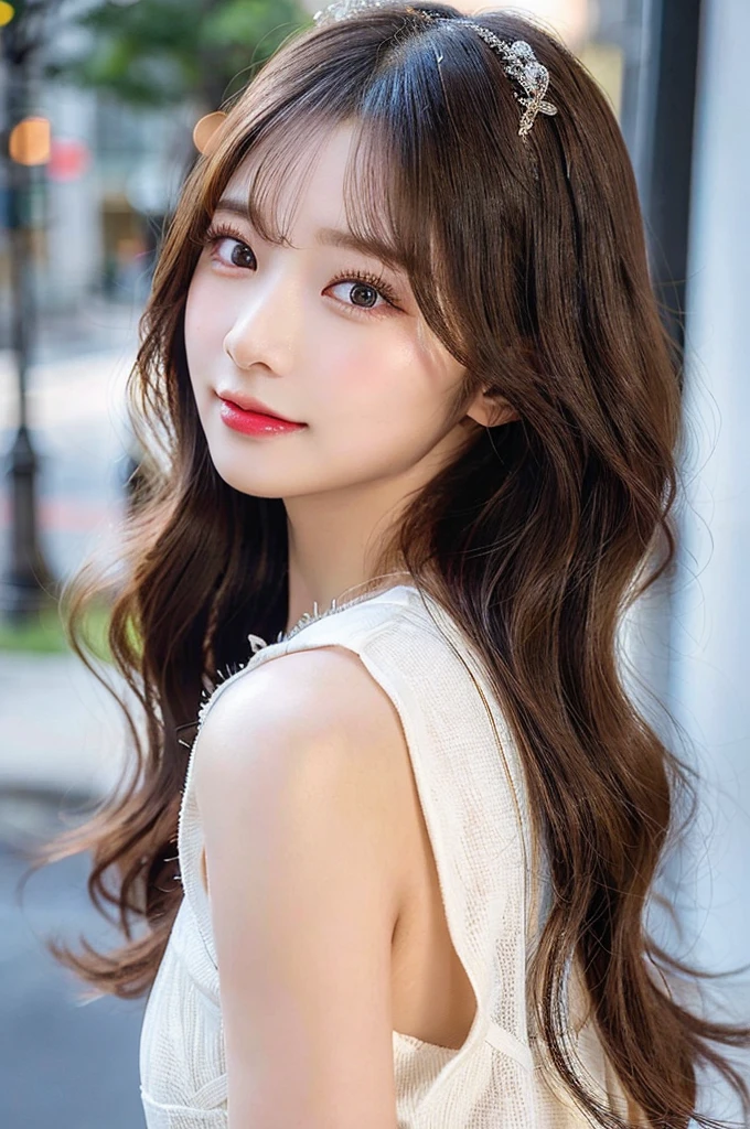 smiling, high-level image quality、20 year old Korean girl photo, raw, Beautiful woman, (Extra-long wavy blonde hair), ((Portrait)), ((Detailed face:1.2)), ((A detailed face Characterized by fine skin), pale skin, , (cold color), moist, moist, reflector stay piece) (perfectly proportions)(photos realistic)(Best Quality)  photographed in a Canon EOS R5, 50mm Lens,(8K), very long upper eyelashes、Very long lower eyelashes、Detailed lashes、Curled eyelashes、eyelash perm、Beautiful lashes, Glamorous makeup、Natural eyes、Oku Duplex、very beautiful eyelashes