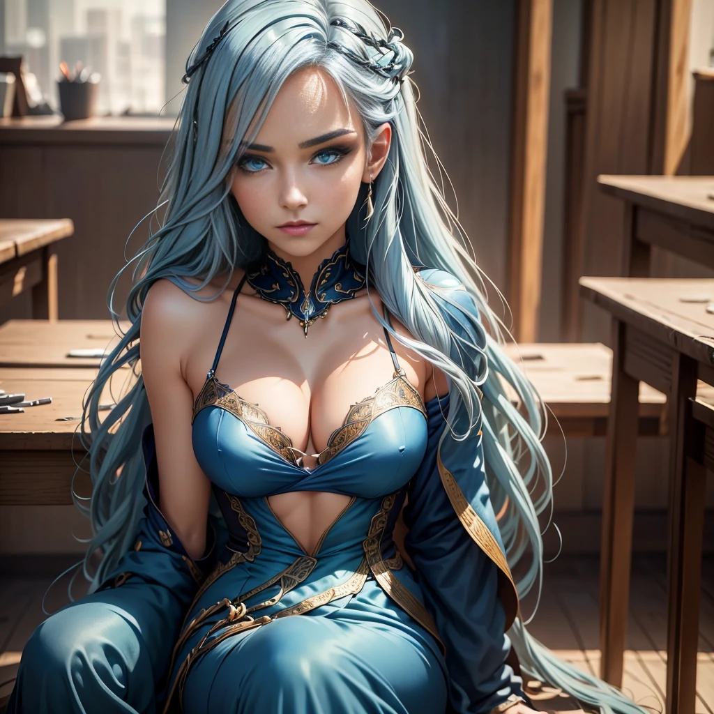 1girl, long light blue hair, beautiful detailed eyes, beautiful detailed lips, extremely detailed face, longeyelashes, dark blue , sitting in classroom, anime, realistic, photorealistic, photo-realistic:1.37, best quality,4k,8k,highres,masterpiece:1.2,ultra-detailed,(realistic,photorealistic,photo-realistic:1.37),HDR,UHD,studio lighting,ultra-fine painting,sharp focus,physically-based rendering,extreme detail description,professional,vivid colors,bokeh