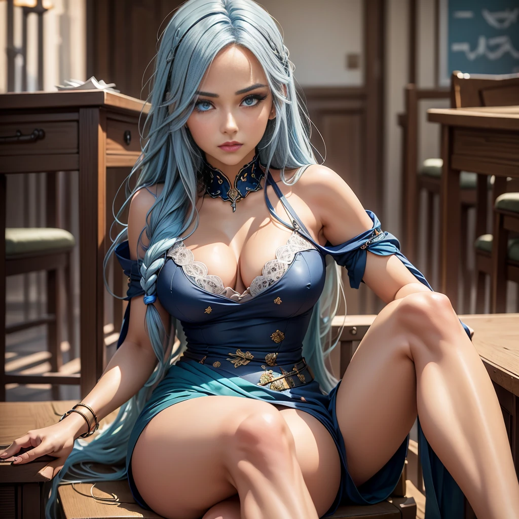 1girl, long light blue hair, beautiful detailed eyes, beautiful detailed lips, extremely detailed face, longeyelashes, dark blue , sitting in classroom, anime, realistic, photorealistic, photo-realistic:1.37, best quality,4k,8k,highres,masterpiece:1.2,ultra-detailed,(realistic,photorealistic,photo-realistic:1.37),HDR,UHD,studio lighting,ultra-fine painting,sharp focus,physically-based rendering,extreme detail description,professional,vivid colors,bokeh