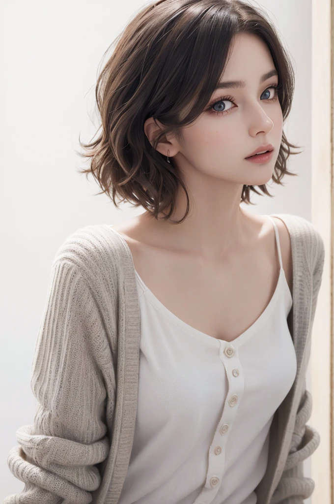 8K Ultra HD、RAWphotograph、モデルphotograph撮影、 European Fashion、(masterpiece、Highest quality、Realistic、High resolution、photograph:1.3)、close、focus on、Hot Model、slim、30 year old mature woman、Small face、No makeup、short hair、Beautiful dark brown Hayne eyes、Genuineスキン、(Perfect body)、Sexy hot face、sexual sight、slim、cardigan、Long sleeve、Button up,Beautiful eyes in every detail、Glossy lips、((Bright light、Dynamic Lighting、Genuine、超Genuine、 realism、Genuineなディテール、Cool Beauty、Cool pose、Background white、Plain white background