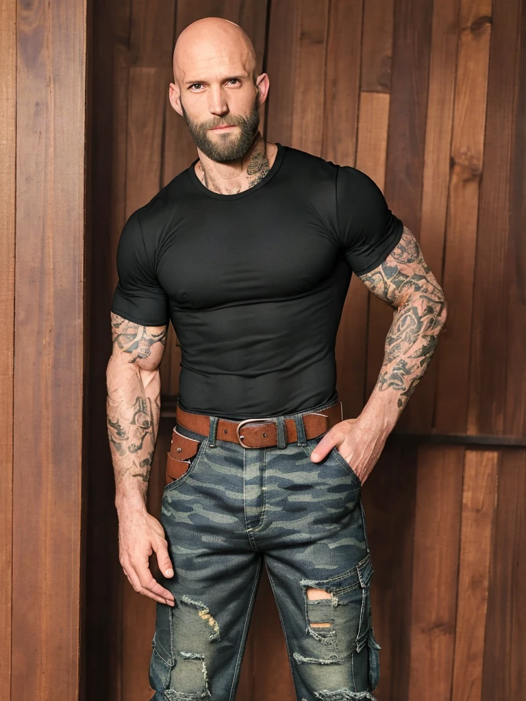 tall bald handsome man with beard, daddy, dark tattoos, lean fit body, soccer shirt, 30yo, dynamic lighting, lean body, loose cargo camo pants, character sheet, full body shot, ripped pants, belt, carpenter pants, sweaty