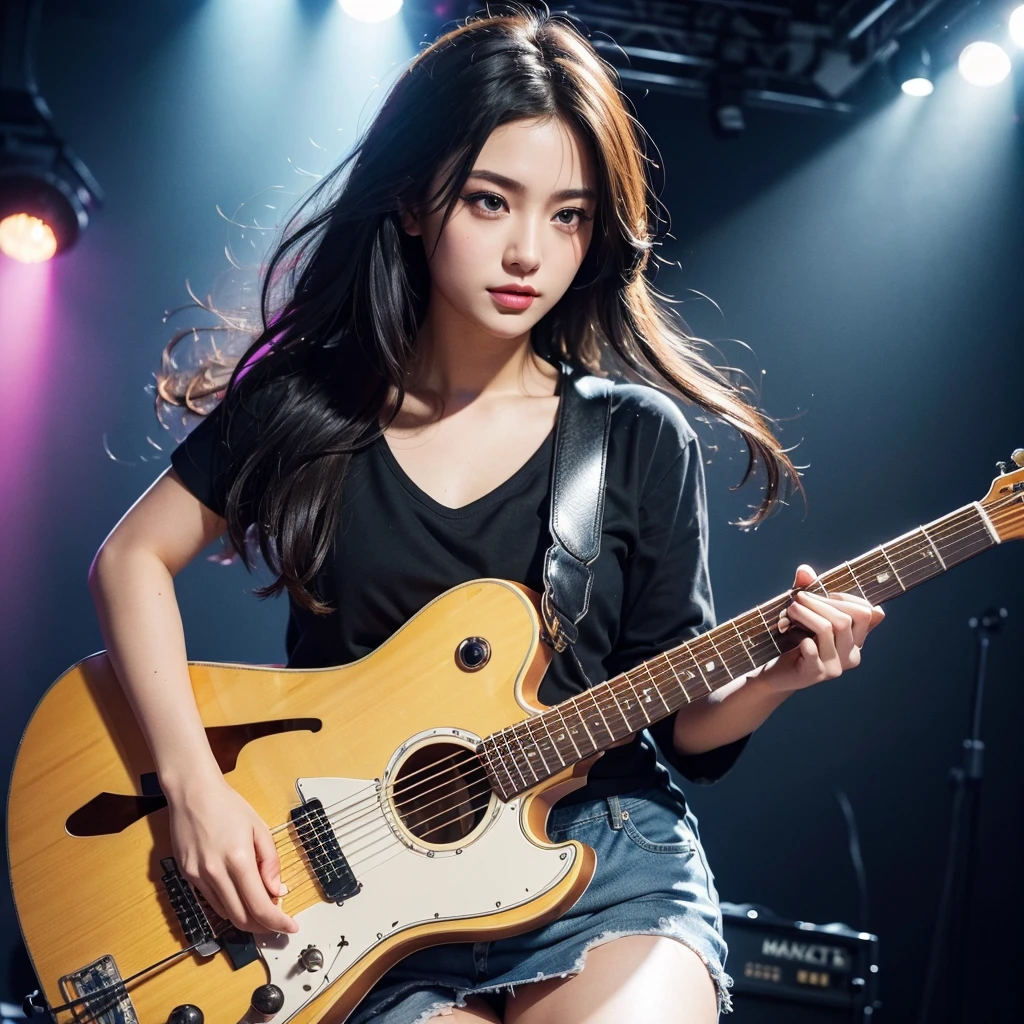 1girl,beautiful detailed eyes,beautiful detailed lips,extremely detailed eyes and face,longeyelashes,attractive girl guitarist,girl playing guitar,girl on stage,electric guitar,studio lighting,vibrant colors,warm lighting,photorealistic,full body,ultra-detailed,(best quality,4k,8k,highres,masterpiece:1.2),ultra-detailed,(realistic,photorealistic,photo-realistic:1.37),HDR,UHD,professional,vivid colors,bokeh