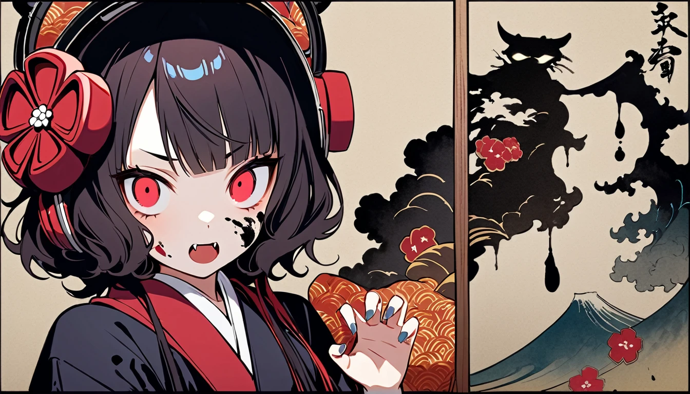 (((Horror elements))), (((TATOO on the face))), (((claw pose))), (((Highest quality))), (((Katsushika Hokusai))), (((Ink Painting))), ((very straight longhair)), ((1 girl)), ((Eyes glow red)), ((A beautiful girl possessed by a demon and showing her fangs)), (((Japanese style headphones))), Black Hair, Delicate and precise, Modern ukiyo-e style, head shot
