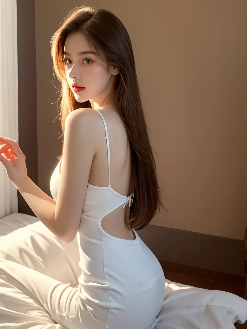 from above, ((best quality)), ((Masterpiece)), (details), 1 girl, She wore a revealing white dress.. Dress, Reveals shoulders and navel., It fits the body perfectly and emphasizes the curves beautifully.. Her skin was as white as ivory and soft to the touch.. Her branded hair was straight and pale and shiny.. Her long hair trailed down her back., Make her figure look more beautiful.. Her eyes were large and a deep blue color.. Her lips were caked in cherry lipstick. and plump and convex. Her figure is quite mysterious and looks down upon the viewer.. She lives in simplicity, Simple and complete white room. Her face was beautifully trimmed. Her eyes and nose were clear.. Big black eyes look attractive with a deep and delicate glow.. Her hair is long and shiny., And her flowing beauty only increased her charm.. her mouth is small, And her well-shaped lips shine brightly.. Her skin is very smooth and beautiful., Almost smooth. Her breasts and ass are big., And her slim waist was beautiful with soft lines., (big breasts), abdomen