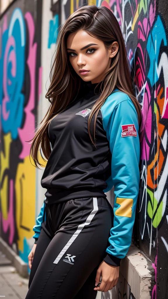 (best quality), masterpiece, extremely detailed CG uniform 8K illustration, high color, extremely high color saturation, all colors deepened, paint, graffiti art, center composition, extremely detailed light and shadow, graffiti wall, wall painted bright, 1 girl graffiti 1 girl looking at the wall, extremely detailed face and eyes, medium length hair, sportswear, colored clouds