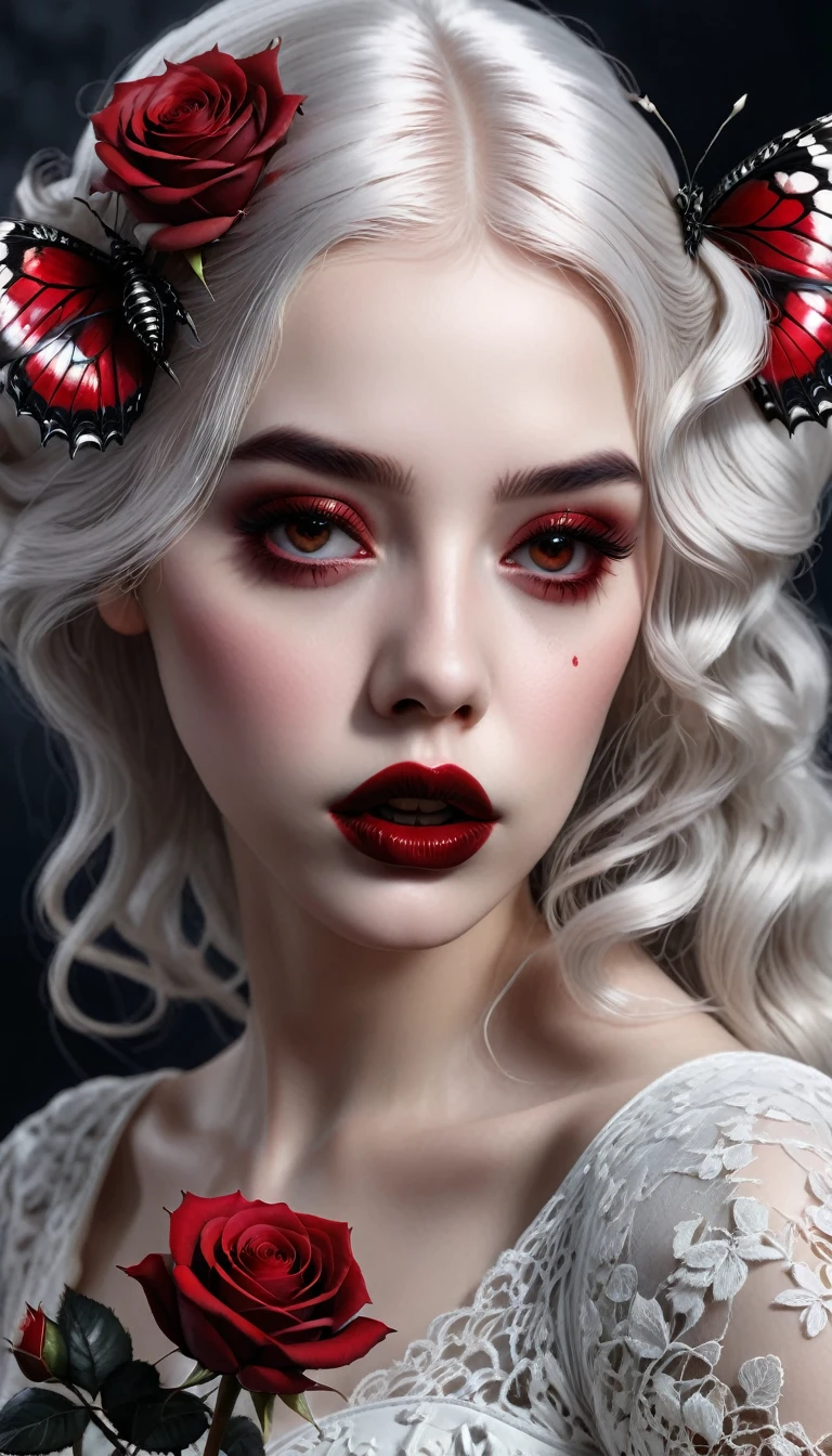 (best quality,4 k,8 k,higher ,masterpiece:1.2),ultra-detailed,(realistic,photorealistic,photo-realistic:1.37),gothic art,girl ,lace dress,thorny rose,creepy,terrifying, dark Red lips , butterfly,holding a Rose , Dark red rose . White hair, rose on her hair ,