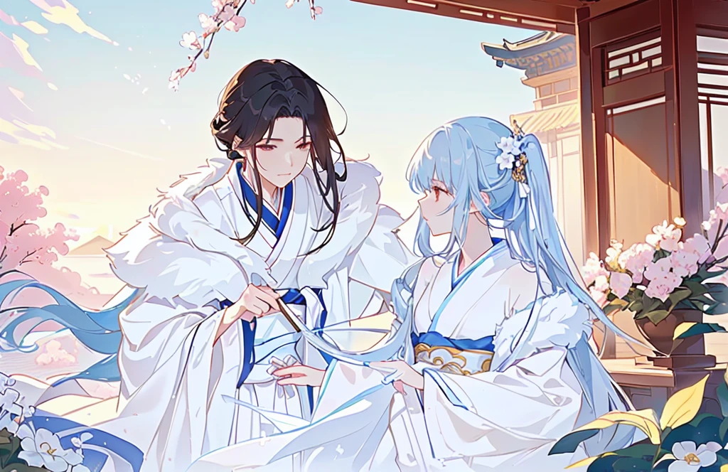 Cartoon scene with two women in traditional costumes standing in front of a building, flowing white robe, Long flowing hair and robes, White Hanfu, Wearing a white robe!, Official Fanart, palace ， Girl wearing Hanfu, Wing Wall and Shurak, Inspired by Border Guardians, Hanfu, Gu Weiss, Warring States period art style