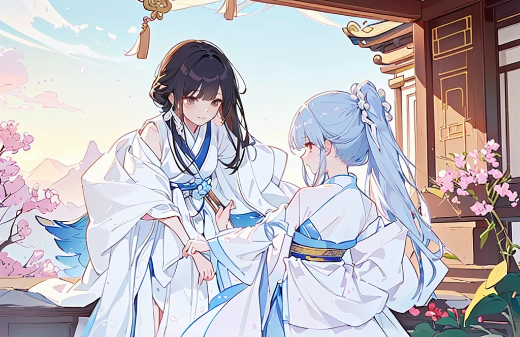 Cartoon scene with two women in traditional costumes standing in front of a building, flowing white robe, Long flowing hair and robes, White Hanfu, Wearing a white robe!, Official Fanart, palace ， Girl wearing Hanfu, Wing Wall and Shurak, Inspired by Border Guardians, Hanfu, Gu Weiss, Warring States period art style