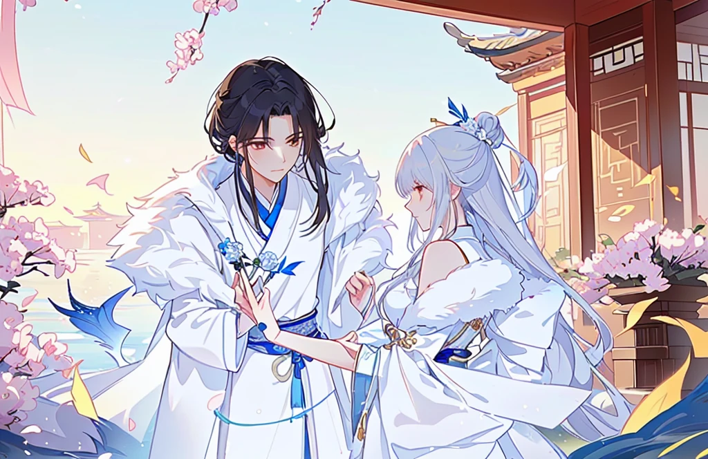 Cartoon scene with two women in traditional costumes standing in front of a building, flowing white robe, Long flowing hair and robes, White Hanfu, Wearing a white robe!, Official Fanart, palace , Girl wearing Hanfu, Wing Wall and Shurak, Inspired by Border Guardians, Hanfu, Gu Weiss, Warring States period art style
