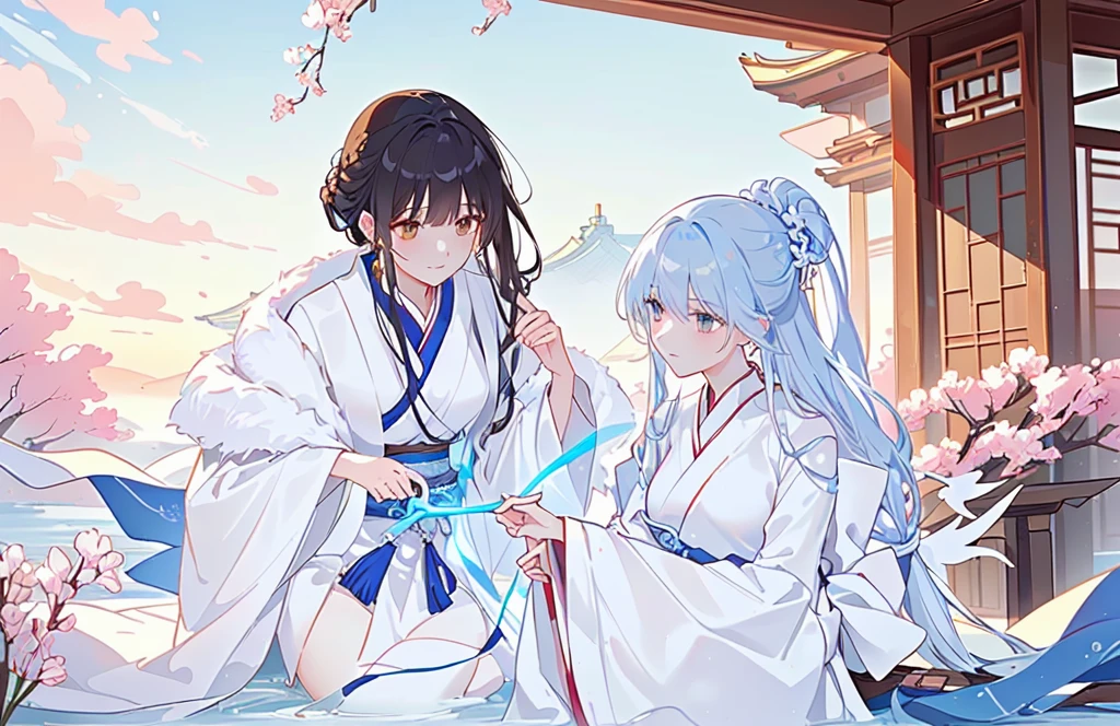 Cartoon scene with two women in traditional costumes standing in front of a building, flowing white robe, Long flowing hair and robes, White Hanfu, Wearing a white robe!, Official Fanart, palace , Girl wearing Hanfu, Wing Wall and Shurak, Inspired by Border Guardians, Hanfu, Gu Weiss, Warring States period art style