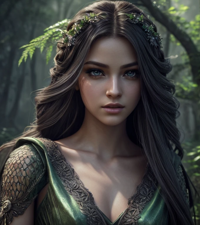 3d girl,beautiful detailed eyes,beautiful detailed lips,extremely detailed eyes and face,longeyeLashes,intricate hairstyle,photorealistic,epic fantasy environment,cinematic lighting,highly detailed,8k,best quality,masterpiece,dynamic camera angle,dramatic lighting,volumetric fog,lush foliage,flowing dress,dramatic pose,dramatic shadows,fantasy art style