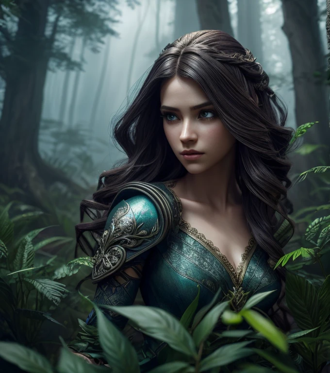 3d girl,beautiful detailed eyes,beautiful detailed lips,extremely detailed eyes and face,longeyeLashes,intricate hairstyle,photorealistic,epic fantasy environment,cinematic lighting,highly detailed,8k,best quality,masterpiece,dynamic camera angle,dramatic lighting,volumetric fog,lush foliage,flowing dress,dramatic pose,dramatic shadows,fantasy art style