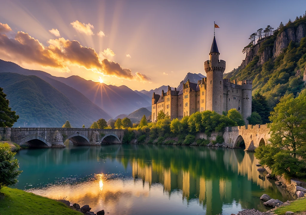 ((Best quality)), ((masterpiece)), (detailed), fantasy art, RPG art, photo, National Geographic quality photo, award-winning, (most detailed: 1.5), (highest quality: 1.5) A majestic solo medieval castle near a lake at dawn, showcasing masterclass art and cutting-edge military architecture. The castle features (4 towers: 1.2), (huge walls: 1.2), (barbican: 1.2), (flags: 1.2), (bridge: 1.2), (highly displayed flags: 1.3). The entire castle is reflected perfectly in the tranquil lake, creating a flawless image. The lake is calm and serene, with dawn mist rising from it. The sunrise casts light through thin clouds in the sky, with sun rays illuminating the scene. Behind the castle, there is a massive snowy mountain in the background. Highest quality, (highly detailed), ultra-wide shot, photorealism, depth of field, ultra-realistic, 2.5 rendering