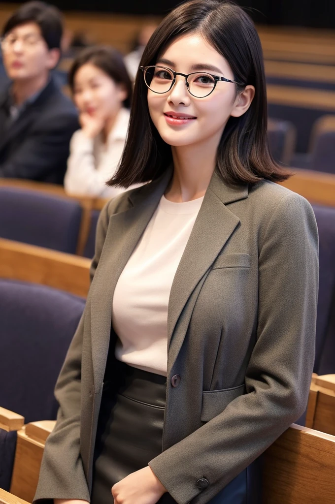 Adult feminine sex appeal、Sexy female scholar、Surrounded by female college students、University lecture hall, university psychology associate professor, ((full body)), ((photo)), ((best qualtiy, 8K, tmasterpiece:1.3)), Focus:1.2, perfect figure beautiful woman:1.41woman, cowboy shot, look at viewer, eyes facing the camera, incredibly absurd, beautiful and cute woman with a photorealistic face, showcasing top-quality craftsmanship, A Japanese woman giving a lecture at a university lecture hall, 27 years old, with a bob cut and flipped hair, short bangs swept at an angle, smooth and shiny hair, natural hairline, fair and smooth skin, plump and healthy cheeks, large, jet black eyes, round eyes, long and upward-facing eyelashes, double eyelids, thin and straight eyebrows, small and round nose, plump lips, upturned corners of the mouth, charming smile, cute face, glamorous, well-balanced proportions, tall, beautiful D-cup breasts, silver-rimmed glasses, pink blouse, black tight skirt, fashion with a waist-marked silhouette, scarf, heeled shoes, vanilla perfume, beautiful, pretty older woman, glasses suit her, knowledgeable, playful, curious, smart, elegant, November