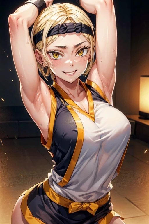 8k high resolution, detailed face, detailed body, perfect body, ultra high quality, 1 girl, sleeveless shirt, seductive smile, arms up, armpit, sweating, black headband, yellow eyes, sweating, sweaty armpits