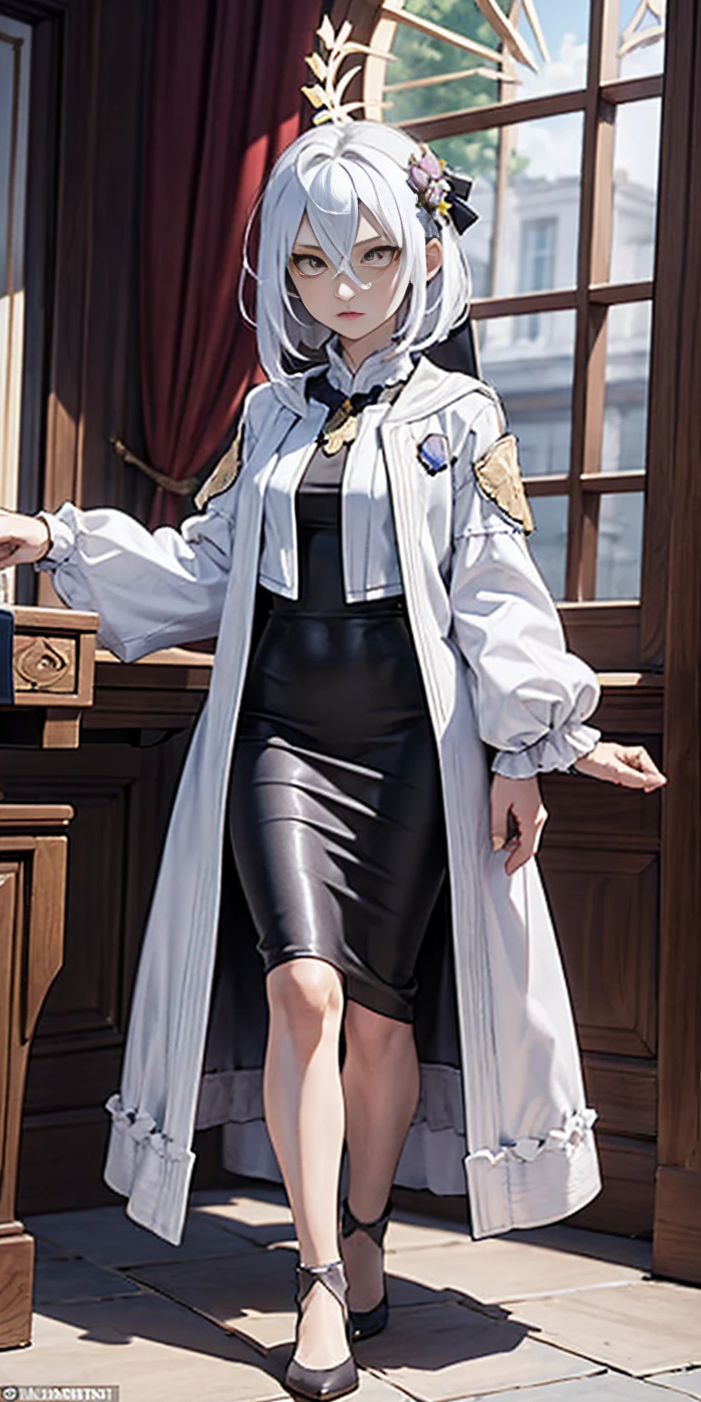 Setting: Royal bedroom - Grand, opulent, with rich fabrics and tapestries Character: Appearance: White hair - Short, styled in a sharp bob Full figure - Curvaceous Attire: High boots - Leather, reaching up the calves Elegant outfit Shirasu Azusa