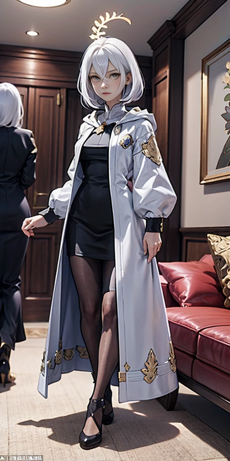 Setting: Royal bedroom - Grand, opulent, with rich fabrics and tapestries Character: Appearance: White hair - Short, styled in a sharp bob Full figure - Curvaceous Attire: High boots - Leather, reaching up the calves Elegant outfit Shirasu Azusa