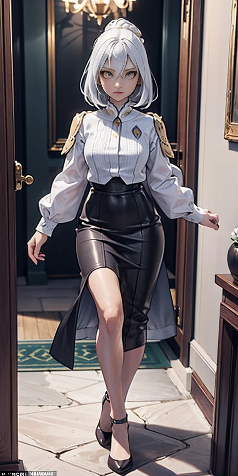 Setting: Royal bedroom - Grand, opulent, with rich fabrics and tapestries Character: Appearance: White hair - Short, styled in a sharp bob Full figure - Curvaceous Attire: High boots - Leather, reaching up the calves Elegant outfit Shirasu Azusa