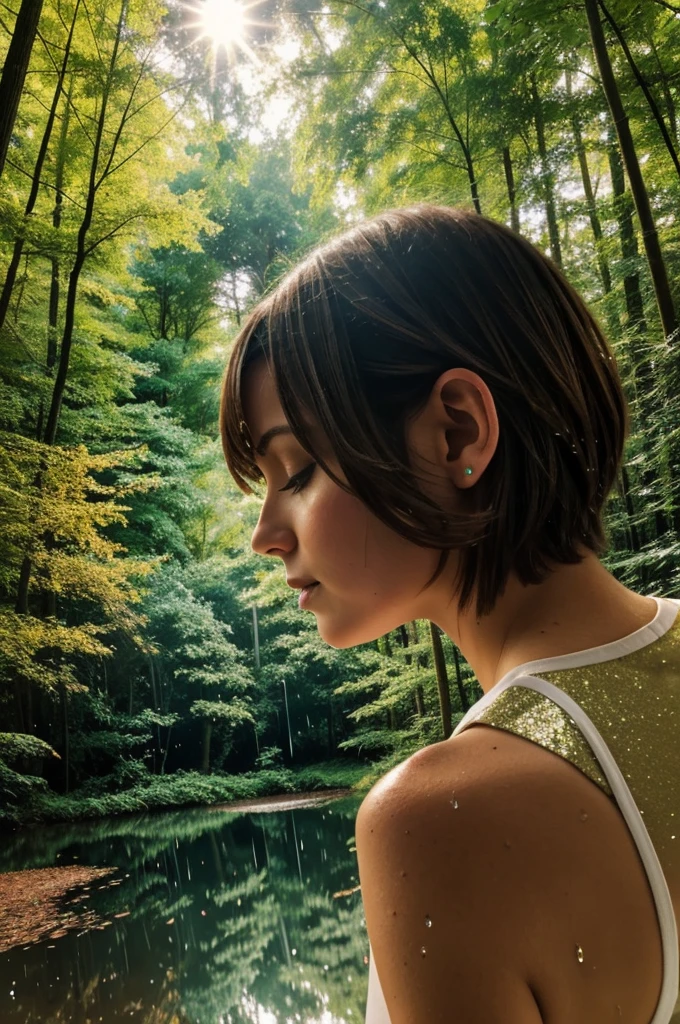 White girl with short brown hair, in a forest while looking at a portal with water reflection and colored glitter comes out and it rains

