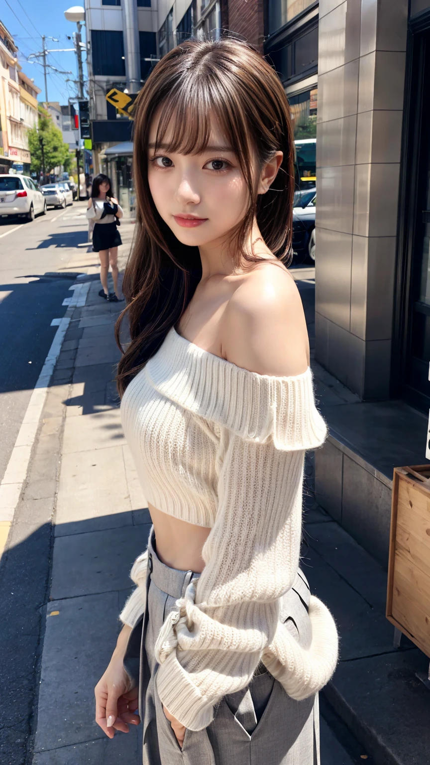 Short length、 ((White knitted loose off-shoulder top、Cropped trousers)), Brown Skin、Huge breasts:0.8,thin, Medium ponytail、Light brown hair,Messy bangs、Cheeky look、Redness on the cheeks、Raise the corners of the eyes、Triumphant thin eyebrows、Young Face、 ((Very detailed)), Perfectly detailed face, Great hands, Photorealistic images、((Full Body Shot、Shooting from the side))、street、Sexy pose