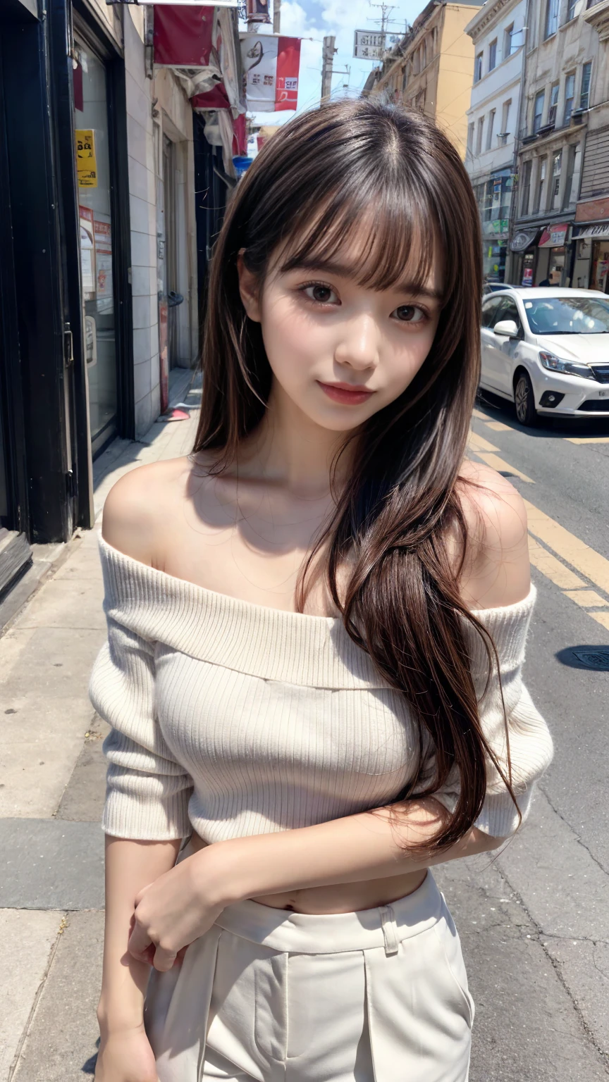 Short length、 ((White knitted loose off-shoulder top、Cropped trousers)),  Brown Skin、Huge breasts:0.8,thin, Medium ponytail、Light brown hair,Messy bangs、Cheeky look、Redness on the cheeks、Raise the corners of the eyes、Triumphant thin eyebrows、Young Face、 ((Very detailed)), Perfectly detailed face, Great hands, Photorealistic images、((Full Body Shot、Shooting from the side))、street、Sexy pose