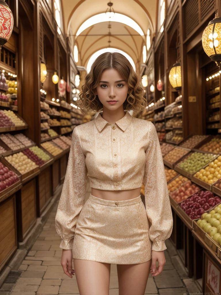 photorealistic, her name is Asako, high quality, 1girl, ((20-year-old fit Caucasian woman)), ((20 years old)), ((slim)), ((Wavy Bob)), doll face pose: standing, wearing stylish fashionable coquette wear different colored, BACKGROUND: Within the labyrinthine alleys of the Grand Bazaar in Istanbul