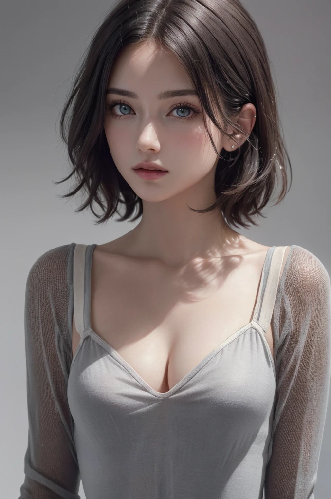 8K Ultra HD、RAWphotograph、モデルphotograph撮影、 European Fashion、(masterpiece、Highest quality、Realistic、High resolution、photograph:1.3)、close、focus on、Hot Model、slim、30 year old mature woman、Small face、No makeup、short hair、Beautiful dark brown Hayne eyes、Genuineスキン、(Perfect body)、Sexy hot face、sexual sight、slim、blouse、Bustier、Long sleeve、Beautiful eyes in every detail、Glossy lips、((Bright light、Dynamic Lighting、Genuine、超Genuine、 realism、Genuineなディテール、Cool Beauty、Cool pose、Background gray、Plain gray background
