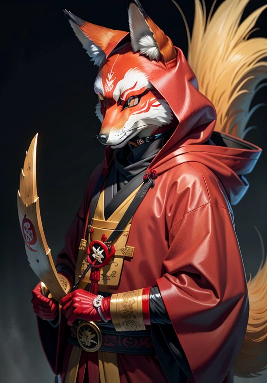 high quality of a red hooded woman wearing a kitsune mask (Traditional japanese fox mask), suit decorated with golden details and paintings of traditional feudal Japanese landscapes, In his right hand he carries a golden crossbow,