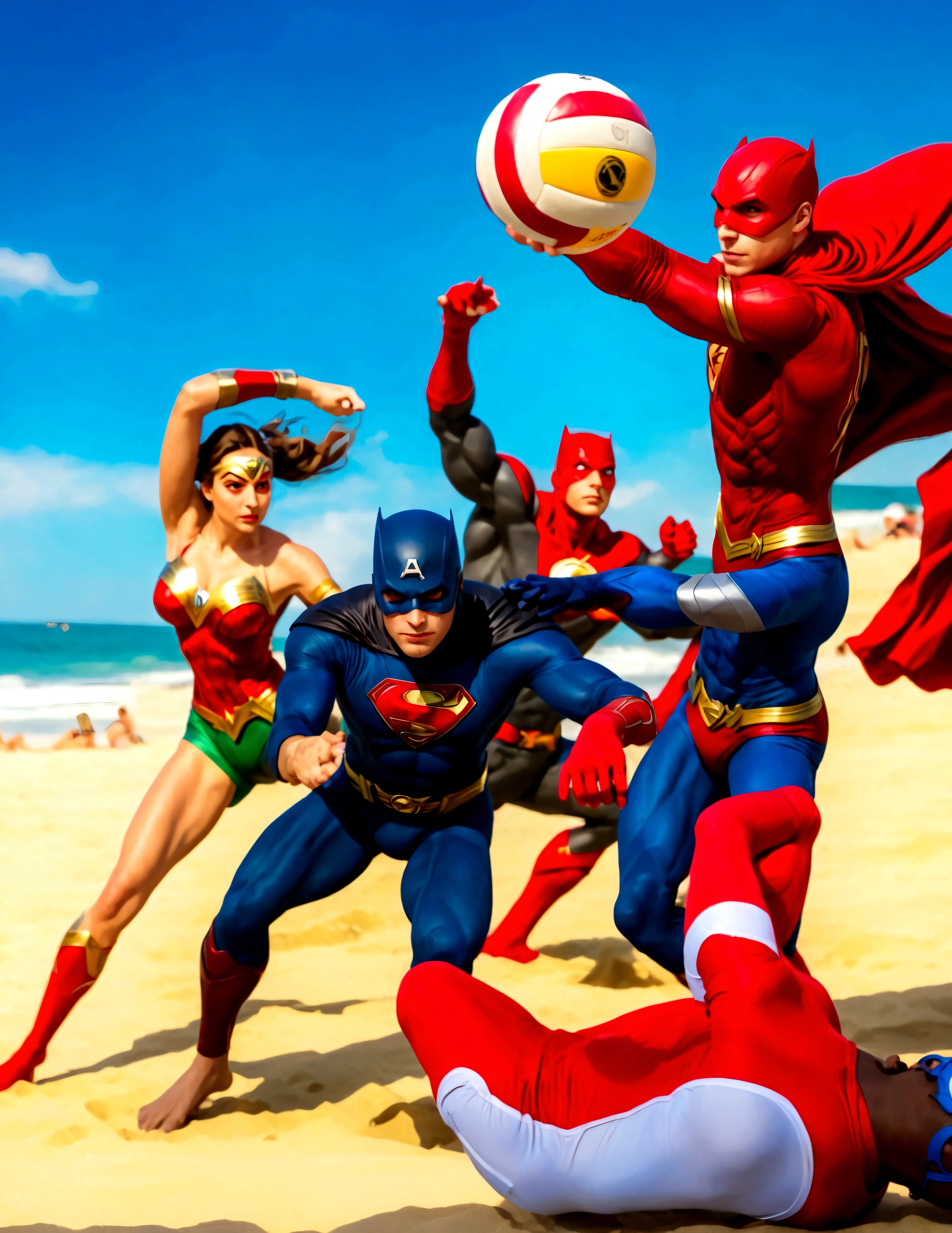 Superheroes are playing volleyball on the beach, DC's Justice League vs Marvel's Avengers, 5 players per team, relaxing super costumes
