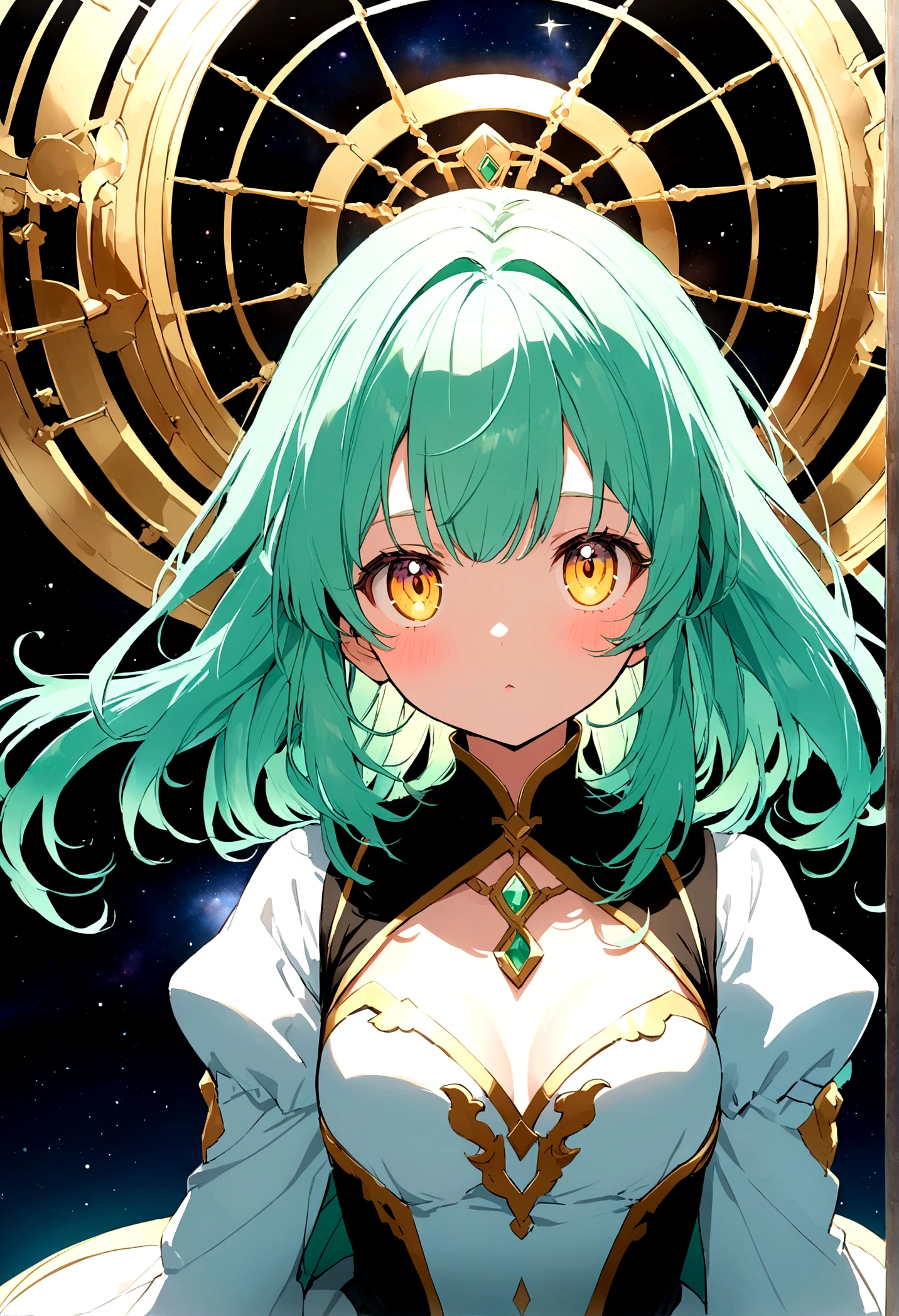 Mint-haired anime girl with galaxy-style golden eyes half open