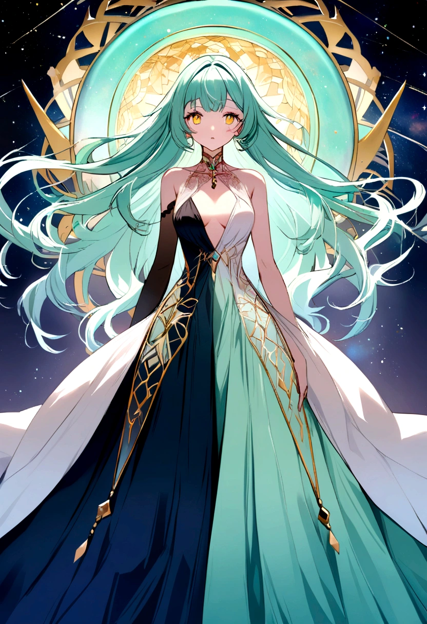 Mint-haired anime girl with galaxy-style golden eyes half open