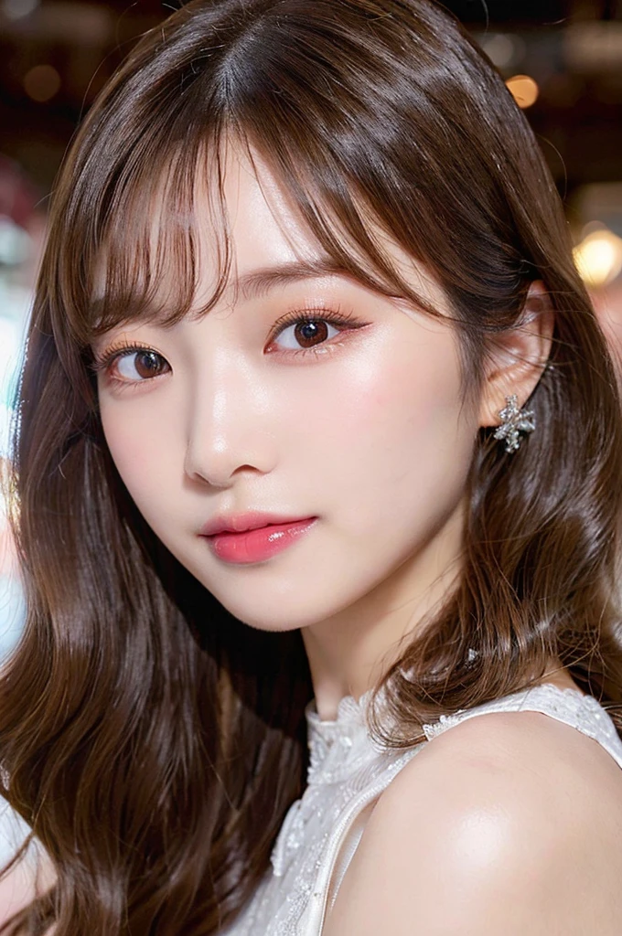 smiling, high-level image quality、20 year old Korean girl photo, raw, Beautiful woman, (Extra-long wavy blonde hair), ((Portrait)), ((Detailed face:1.2)), ((A detailed face Characterized by fine skin), pale skin, , (cold color), moist, moist, reflector stay piece) (perfectly proportions)(photos realistic)(Best Quality) photographed in a Canon EOS R5, 50mm Lens,(8K), very long upper eyelashes、Very long lower eyelashes、Detailed lashes、Curled eyelashes、eyelash perm、Beautiful lashes, Glamorous makeup、Natural eyes、Oku Duplex、very beautiful eyelashes