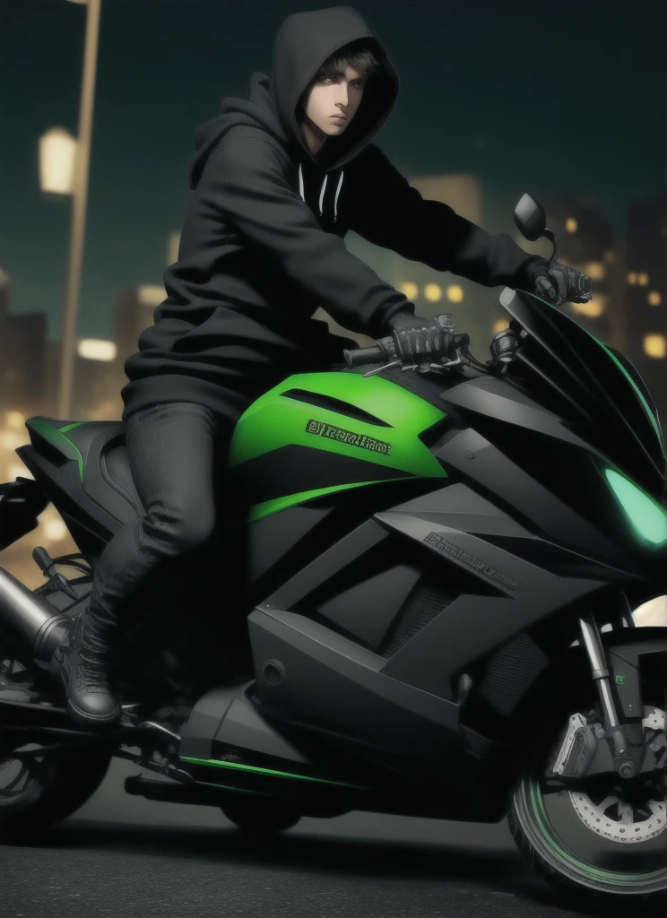 The background is a night view,male,Wearing a black hoodie,He is riding a large green motorcycle, his face invisible.,The camera faces sideways and backwards