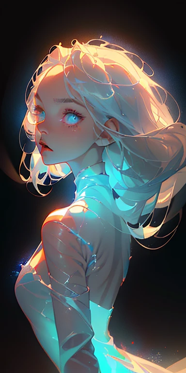 ((Masterpiece)), (best quality), (detailed), (1 Girl), (Internal data flow) Light blue gradient hair, light blue glowing eyes, Straight Hair,Silver Hair,He was wearing a stylish white shirt and black dress, Covered by data particles, Neck closure