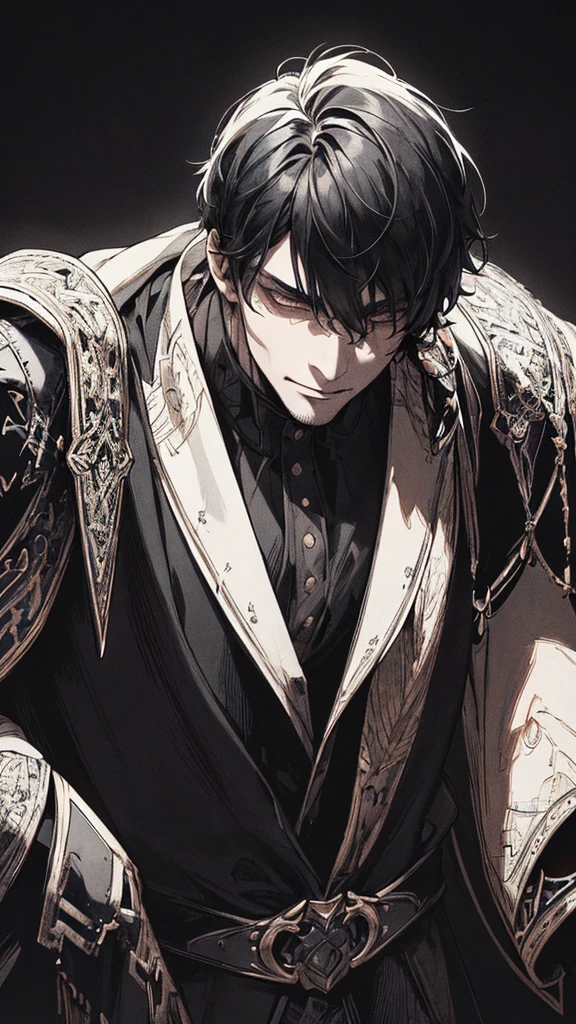 Best quality, (background_detail), high_contrast, detail_original_illustration, warrior, muscular, villain face, armored, full_body, medieval, crease between eyes, young man, man in 20s, dark_stitch_landscape, (dramatic_lighting:1. 25), (shaded_background:1.2), black_hair, (short black hair:) 1.1 ), Large figure, Delicate face, Evil smile, Sharp eyes, Black background, (Black background:1.5), Beautiful line drawing, Black and white