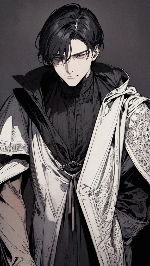 Best quality, (background_detail), high_contrast, detail_original_illustration, warrior, muscular, villain face, armored, full_body, medieval, crease between eyes, young man, man in 20s, dark_stitch_landscape, (dramatic_lighting:1. 25), (shaded_background:1.2), black_hair, (short black hair:) 1.1 ), Large figure, Delicate face, Evil smile, Sharp eyes, Black background, (Black background:1.5), Beautiful line drawing, Black and white