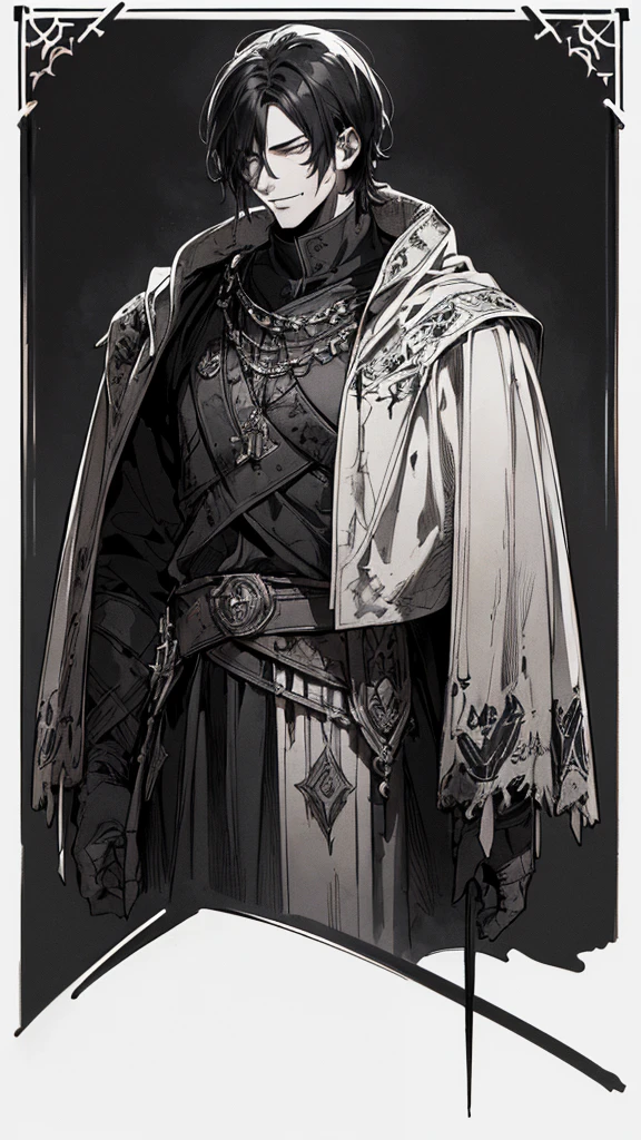 Best quality, (background_detail), high_contrast, detail_original_illustration, warrior, muscular, villain face, armored, full_body, medieval, crease between eyes, young man, man in 20s, dark_stitch_landscape, (dramatic_lighting:1. 25), (shaded_background:1.2), black_hair, (short black hair:) 1.1 ), Large figure, Delicate face, Evil smile, Sharp eyes, Black background, (Black background:1.5), Beautiful line drawing, Black and white