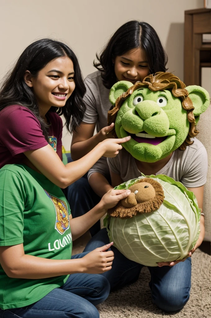 two people giving cabbage lion Make a photo of the 3rd cartoon