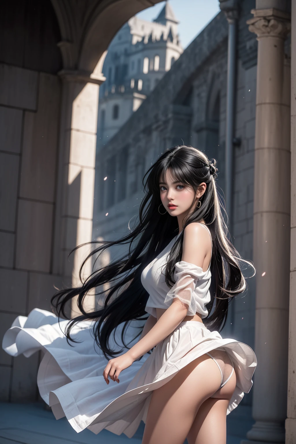 ((Girl standing in front of the wall of an old castle))、Fluorescent color、1 girl、Looking to the side、Beautiful face、Beautiful eyes、(Off the shoulder:1.2)、Upper Body、Shiny Hair、Glowing Skin、 Reduce glare、The proportions of the fingers have been adjusted、Escrow、ass pov、Dynamic Angle、(((Master part)))、(((highest quality)))、(((Super-detailed))) detailed)、(An illustration)、(Detailed light)、(Very delicate and beautiful)、Dramatic_Shadow、Ray_Tracking、reflection、 Ultra-high resolution、((A girl with colorful hair and mesh in her black hair))、 Her hair flutters in the wind、(Large deep blue eyes)、Black Haired Woman、 Sparkling Butterfly、Black-haired woman、Points of light around the woman、Magical Aura、Green dot、Aura About Natural、超Magical AuraBlack-haired woman,((濡れた白いオープンショルダーのドレス:1.3))、(No sleeve)、((My skirt is flying up in the wind)),((An old European castle is hazy in the distance)),((White panties are visible)),