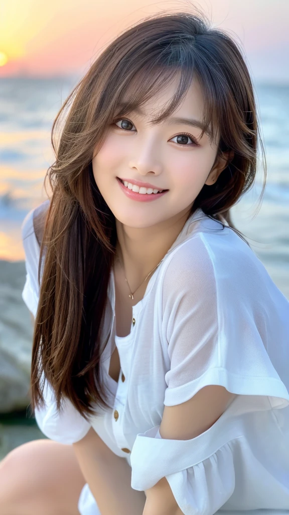 table top、(highest quality、4k、8k、High resolution、master piece: 1.2)、Super detailed、(real、photorealistic、photorealistic: 1.37)、full body shot、whiteTshirt、Complex and beautiful eyes、woman、long hair、natural color lip、bold and sexy pose、smile、Ocean、20 year old girl、Cute and sexy shot looking at the camera。